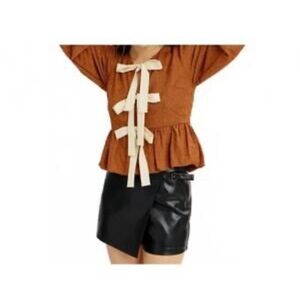 NWT Idem Ditto Caramel Tie Front Puff Sleeve Cropped Blouse S Boho Cottagecore